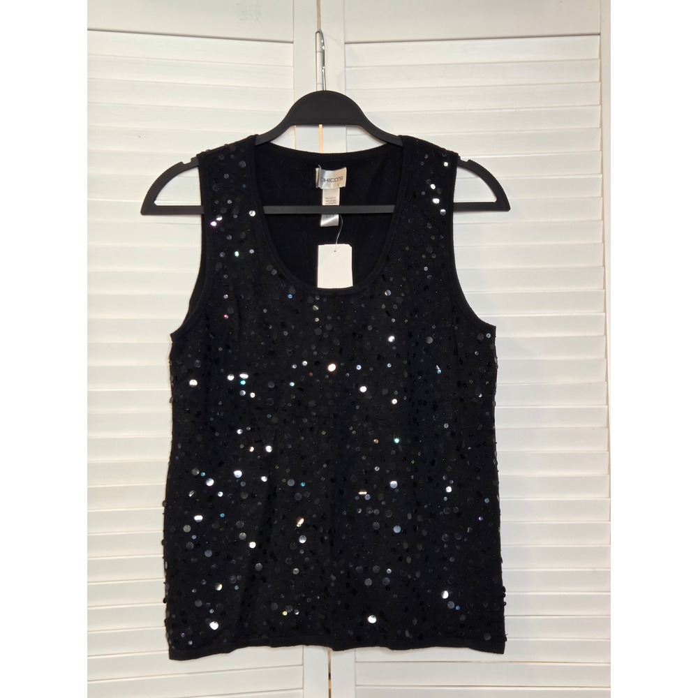 Chico's Esmerelda Sequin Tank Top Size 2 Black Viscose Knit Sleeveless New